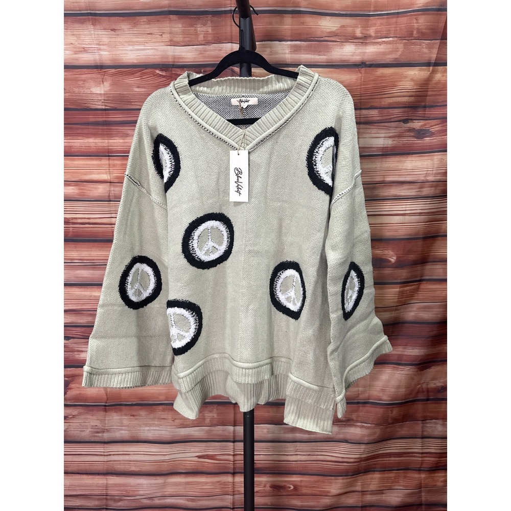 Blue Velvet Sage Green Peace Sign V-Neck Oversized Sweater 60994JST Medium